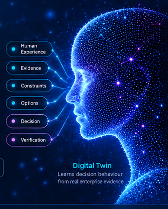 Dotted AI digital twin profile with architecture reasoning nodes